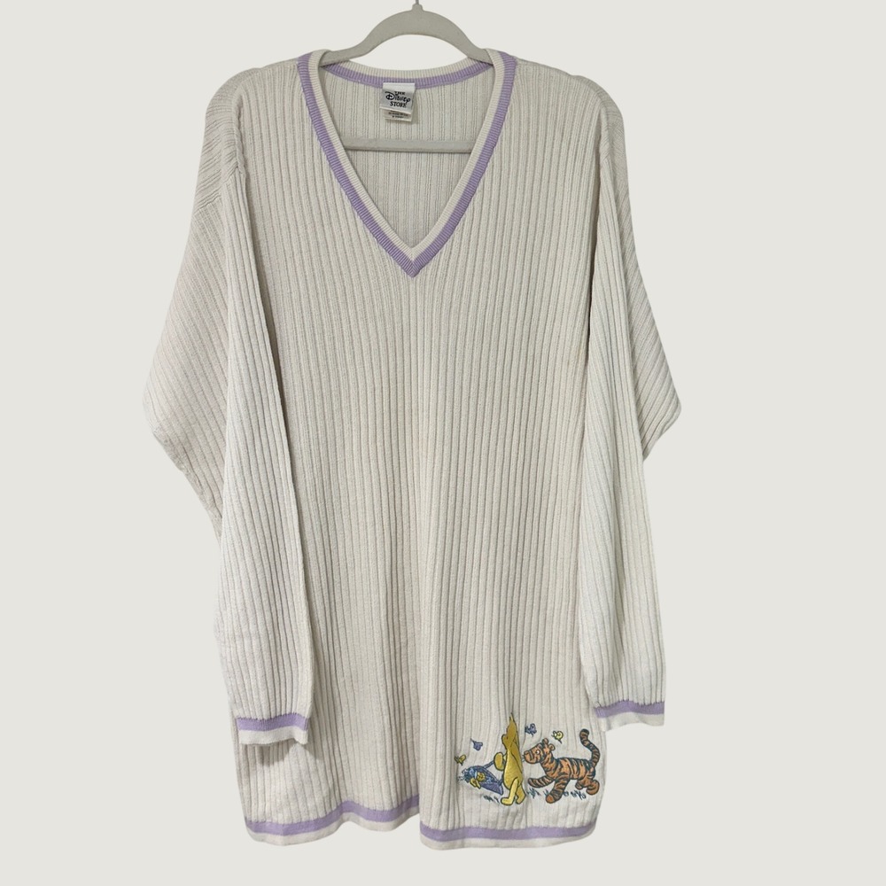Disney Store Winnie Pooh Tigger Sweater Womens XL White Ribbed Knit V-Neck 90s